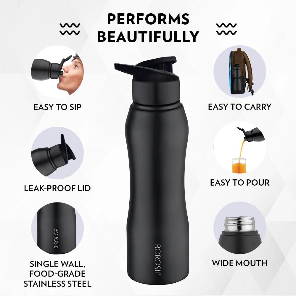 Borosil Grip N Sip Black Water Bottle