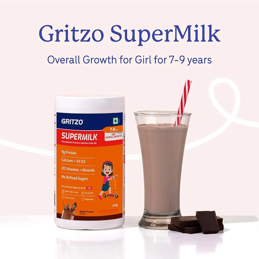 Gritzo SuperMilk Overall Growth Girls Protein Powder Double Chocolate - 400 gms