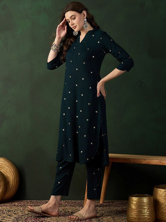 Sangria Teal Green Floral Printed V-Neck Straight Kurta With Trousers