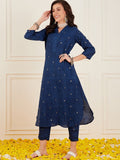 Sangria Ethnic Motifs Printed V-Neck Straight Kurta With Trouser