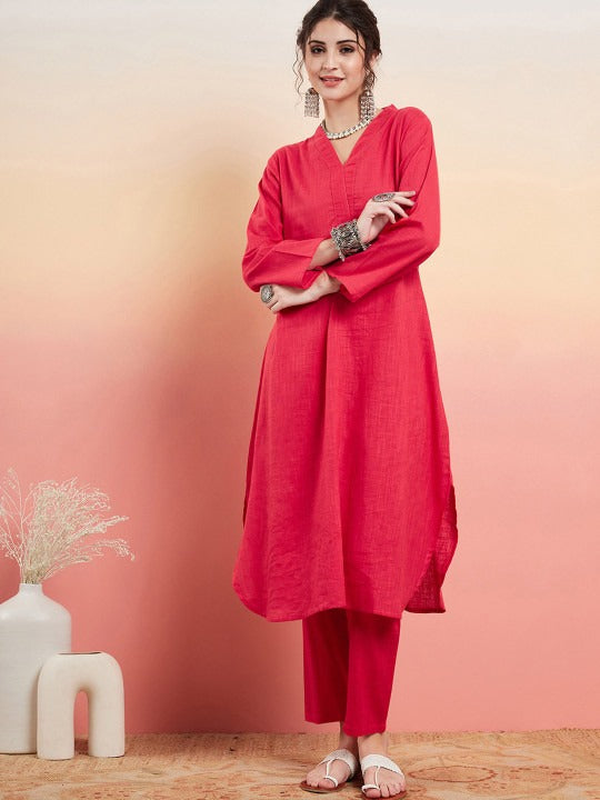 Sangria Pure Cotton V-Neck Pathani Kurta With Trousers