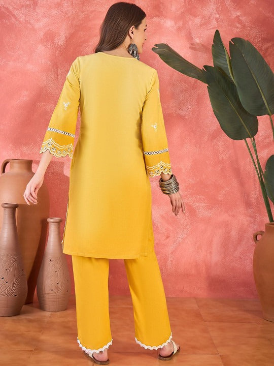 Sangria Floral Embroidered Chikankari V-Neck Pure Cotton Straight Fusion Kurta With Trousers