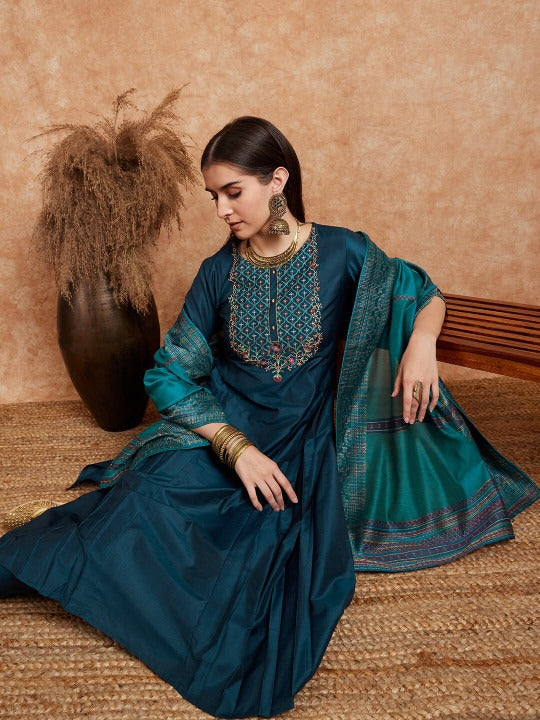 Sangria Teal Blue Embroidered Zari Sequence A Line Kurta & Trousers Dupatta
