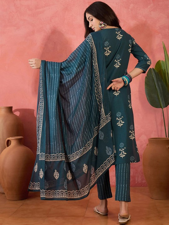 Sangria Floral Printed Straight Kurta & Trousers With Dupatta