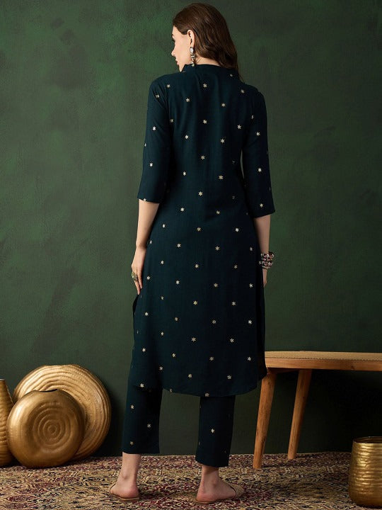 Sangria Teal Green Floral Printed V-Neck Straight Kurta With Trousers