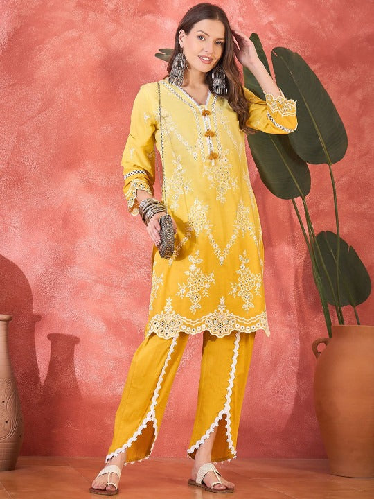 Sangria Floral Embroidered Chikankari V-Neck Pure Cotton Straight Fusion Kurta With Trousers