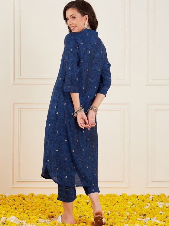 Sangria Ethnic Motifs Printed V-Neck Straight Kurta With Trouser