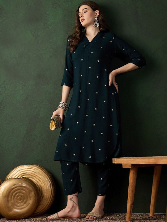 Sangria Teal Green Floral Printed V-Neck Straight Kurta With Trousers