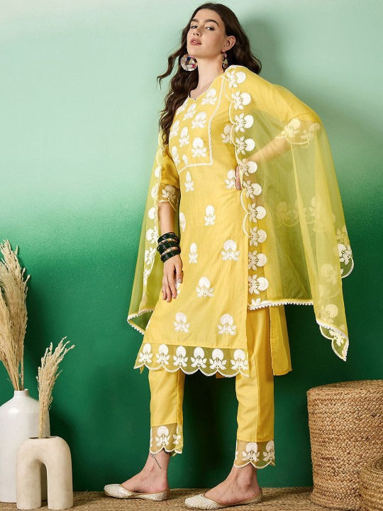 Sangria Embroidered Straight Kurta With Trouser & Dupatta