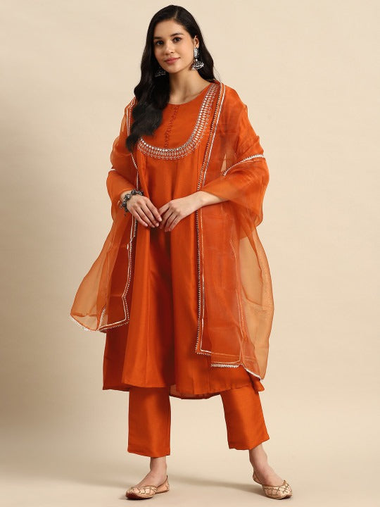 Sangria Ethnic Motifs Embroidered Mirror Work Silk Crepe Kurta with Trousers & Dupatta