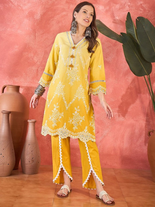 Sangria Floral Embroidered Chikankari V-Neck Pure Cotton Straight Fusion Kurta With Trousers