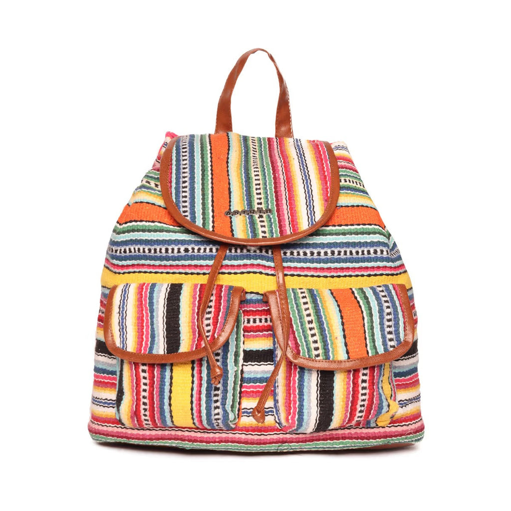 Astrid Multicolor Cotton Girls Backpack With External Pockets In Front Colour Stylish Multicolor Greenish Stripes