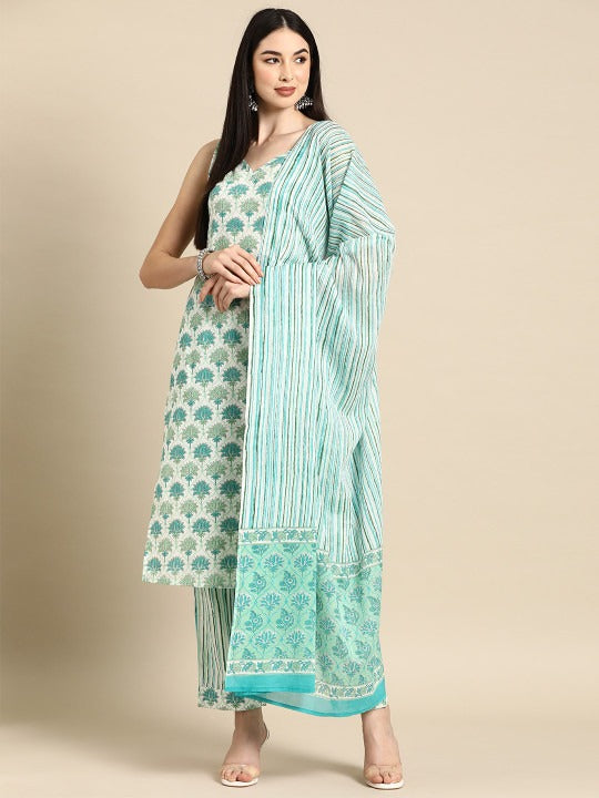 Anayna Floral Printed Regular Pure Cotton Sweetheart Neck Kurta With Trousers & Dupatta
