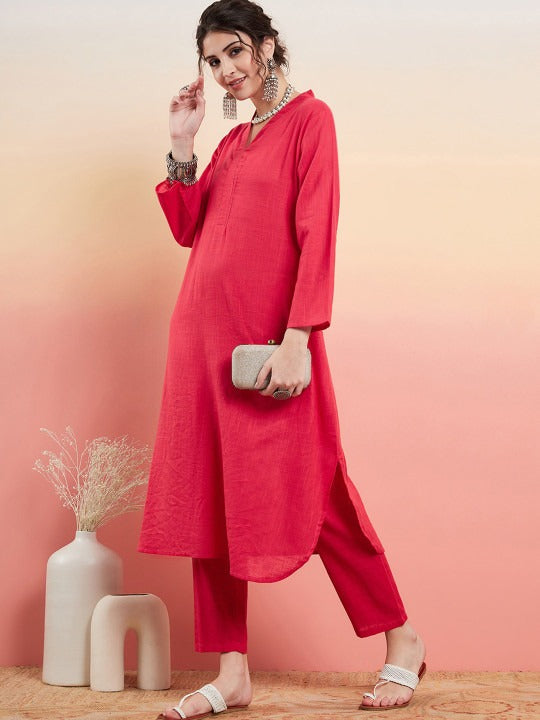 Sangria Pure Cotton V-Neck Pathani Kurta With Trousers