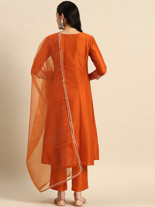Sangria Ethnic Motifs Embroidered Mirror Work Silk Crepe Kurta with Trousers & Dupatta