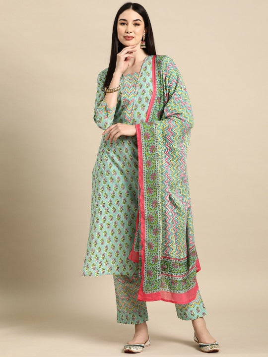 Anayna Women Floral Printed Pure Cotton Kurta with Trousers & With Dupatta