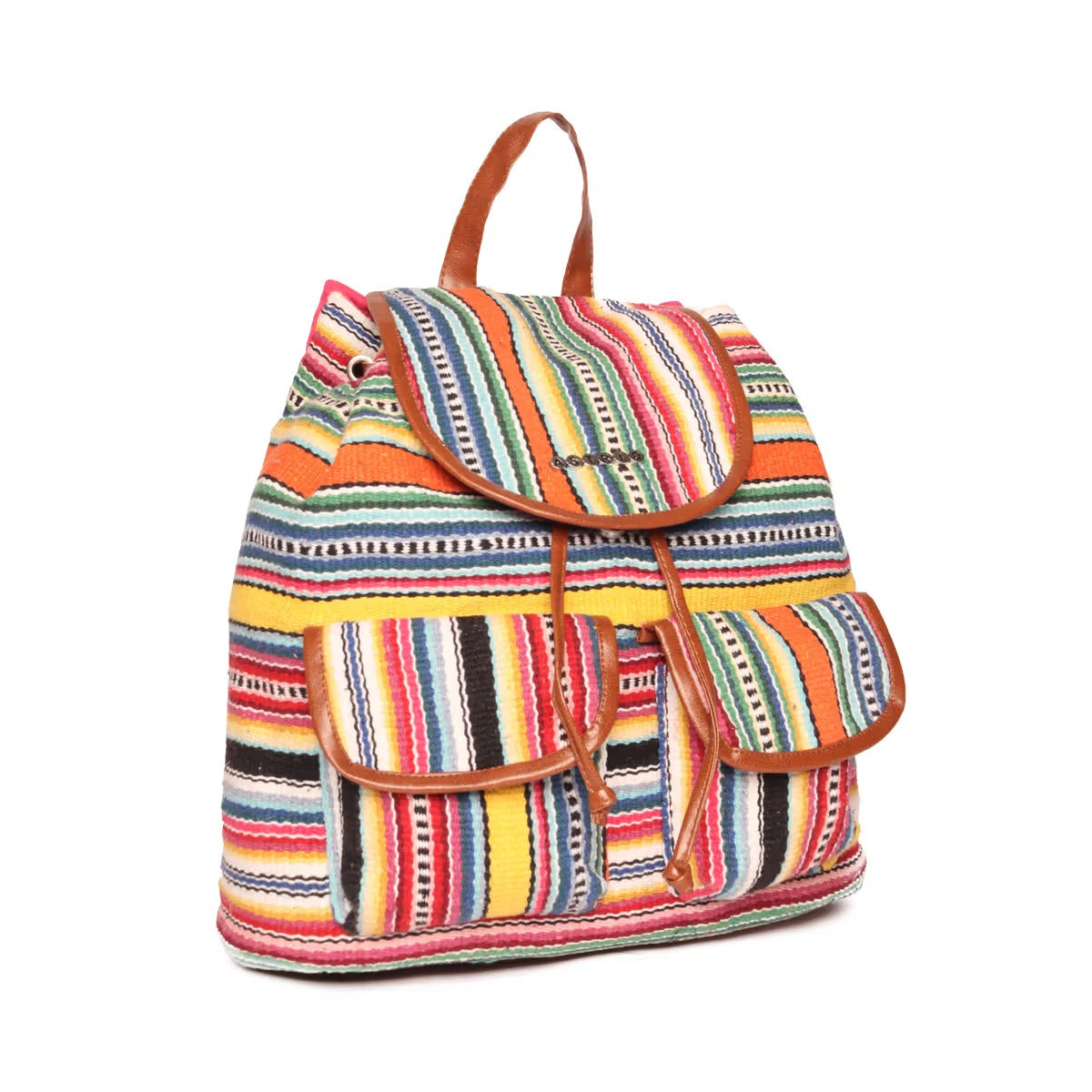 Astrid Multicolor Cotton Girls Backpack With External Pockets In Front Colour Stylish Multicolor Greenish Stripes