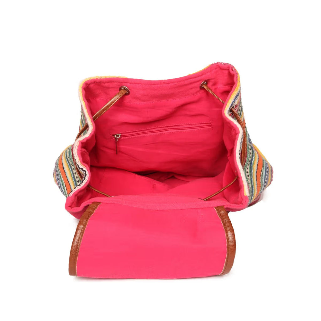 Astrid Multicolor Cotton Girls Backpack With External Pockets In Front Colour Stylish Multicolor Greenish Stripes