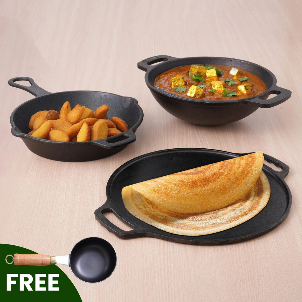 The Indus Valley Castrong Cast Iron Cookware Set - Tawa + Kadai + Fry Pan + Free Flip