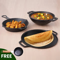 The Indus Valley Castrong Cast Iron Cookware Set - Tawa + Kadai + Fry Pan + Free Flip