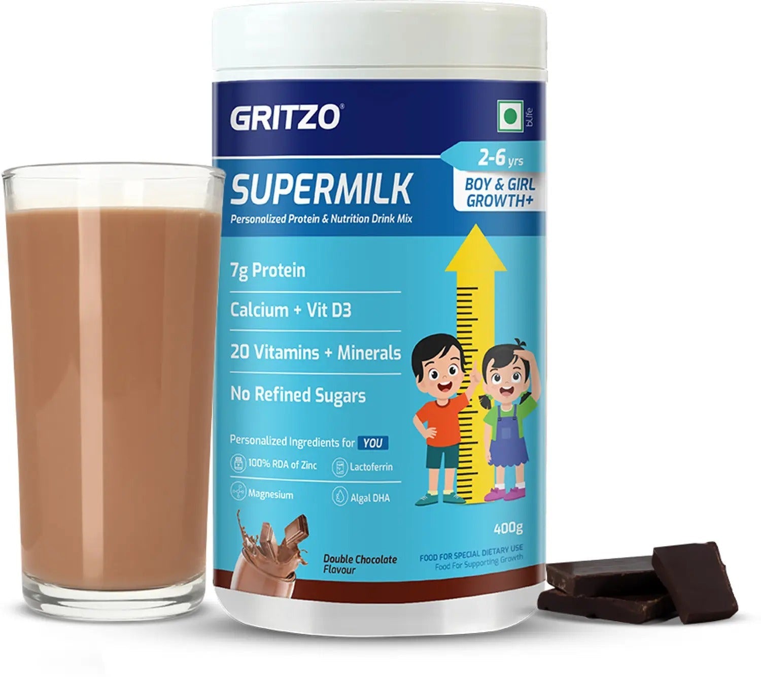 Gritzo SuperMilk Height+ (2-6y) 7g Protein Powder Double Chocolate - 400 gms