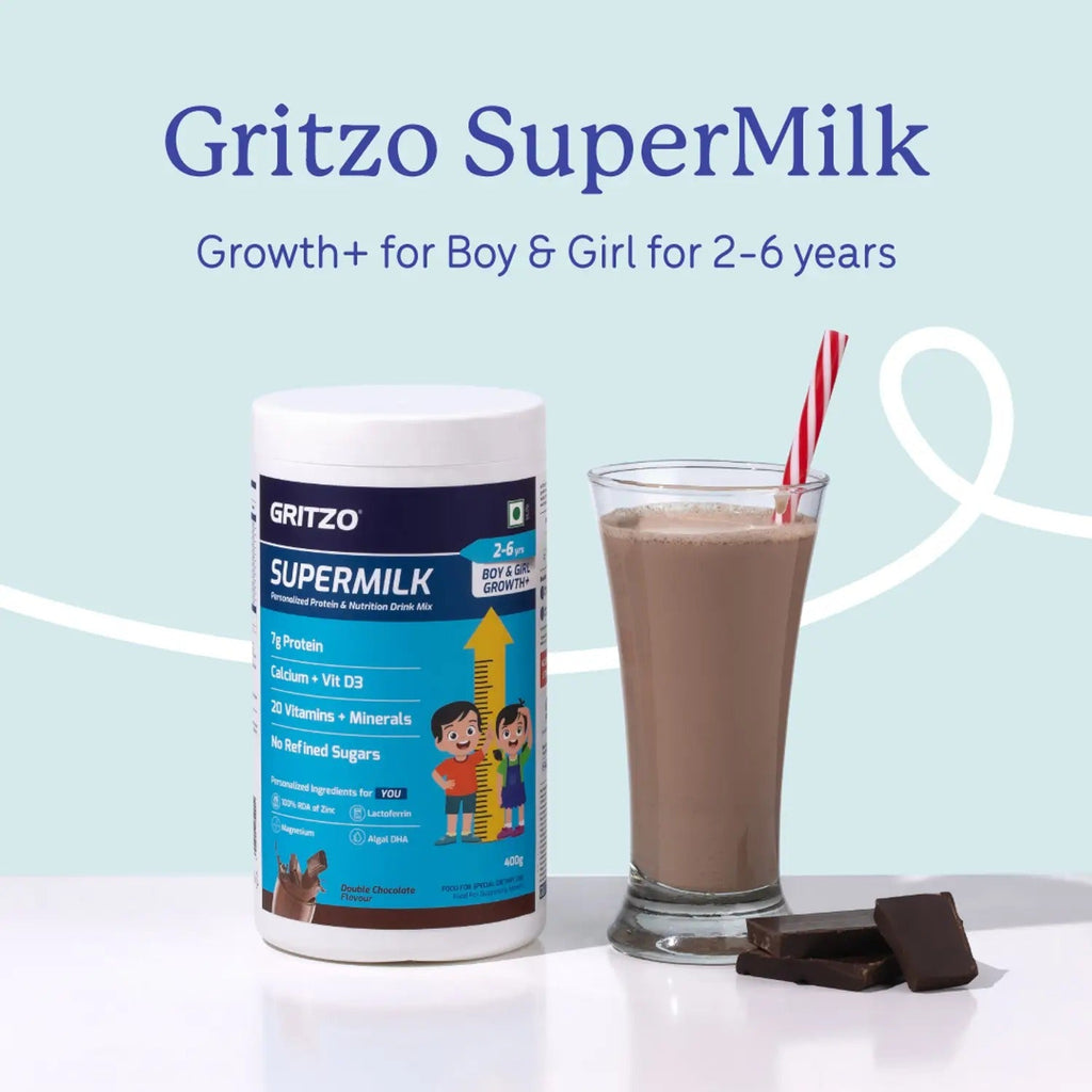Gritzo SuperMilk Height+ (2-6y) 7g Protein Powder Double Chocolate - 400 gms