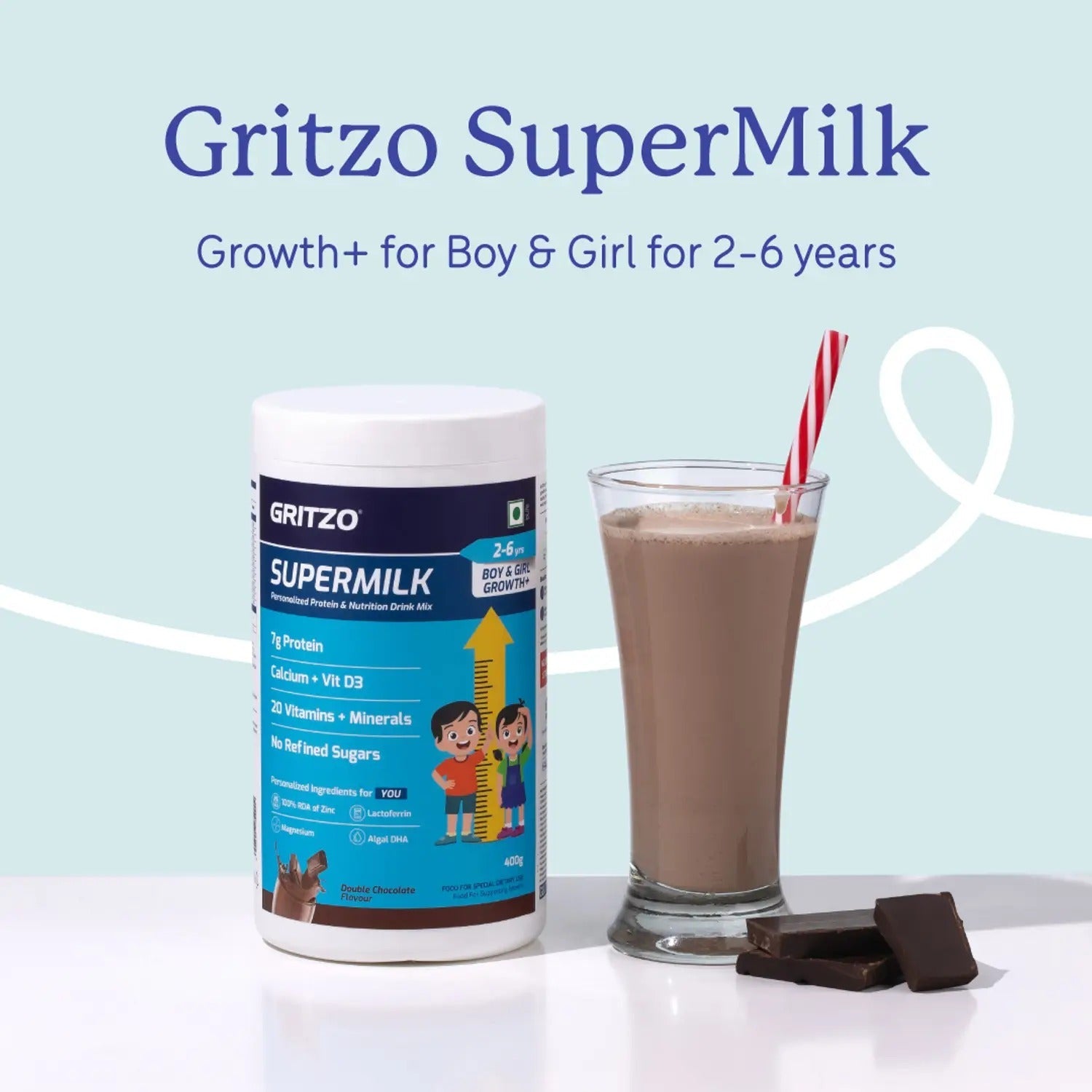 Gritzo SuperMilk Height+ (2-6y) 7g Protein Powder Double Chocolate - 400 gms