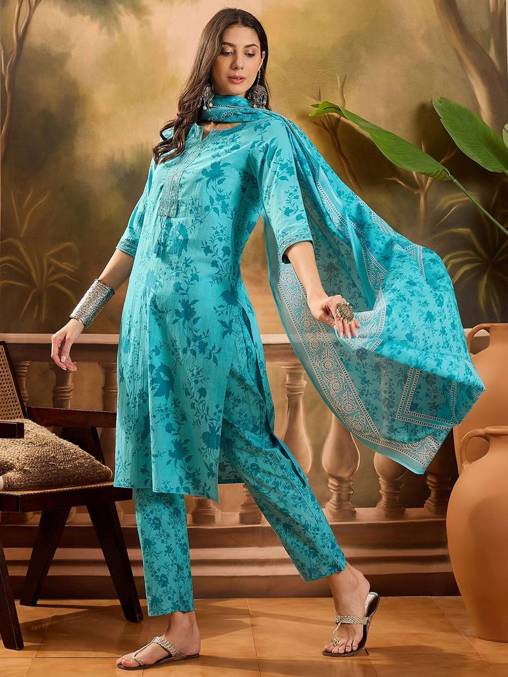 Sangria Women Floral Printed Cotton Kurta with Trousers & Dupatta
