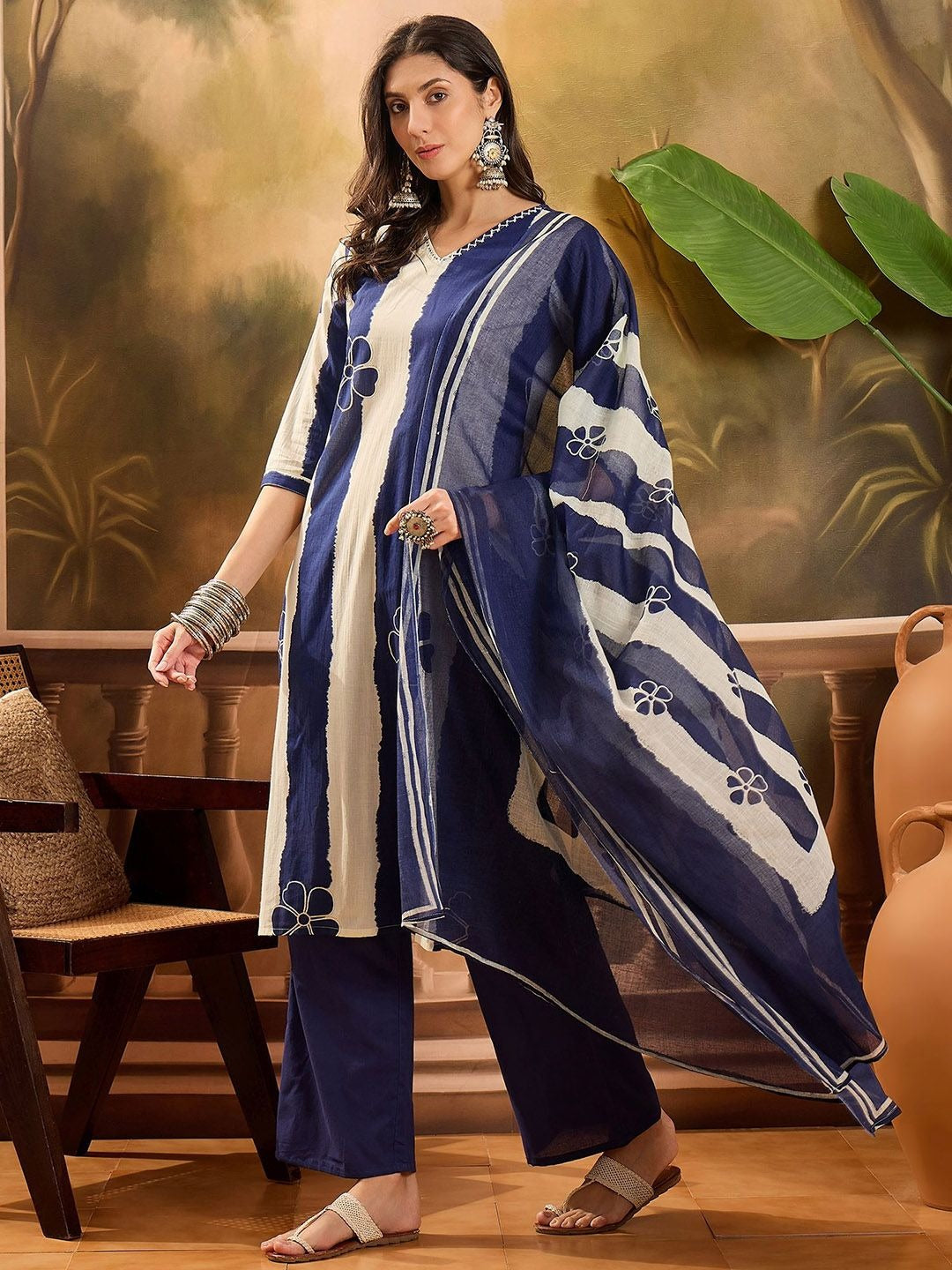 Sangria Floral Printed V-Neck Pure Cotton Straight Kurta With Trousers And Dupatta