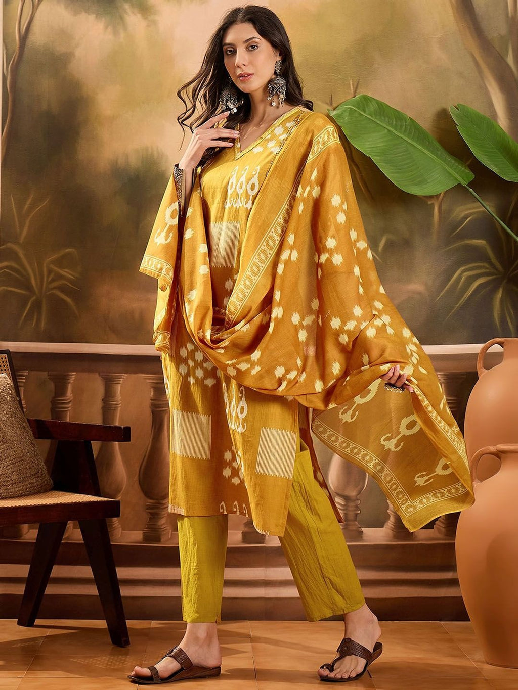 Sangria Geometric Printed V Neck Pure Cotton Straight Kurta With Trousers & Dupatta