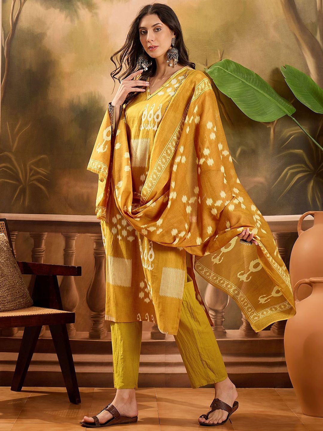 Sangria Geometric Printed V Neck Pure Cotton Straight Kurta With Trousers & Dupatta
