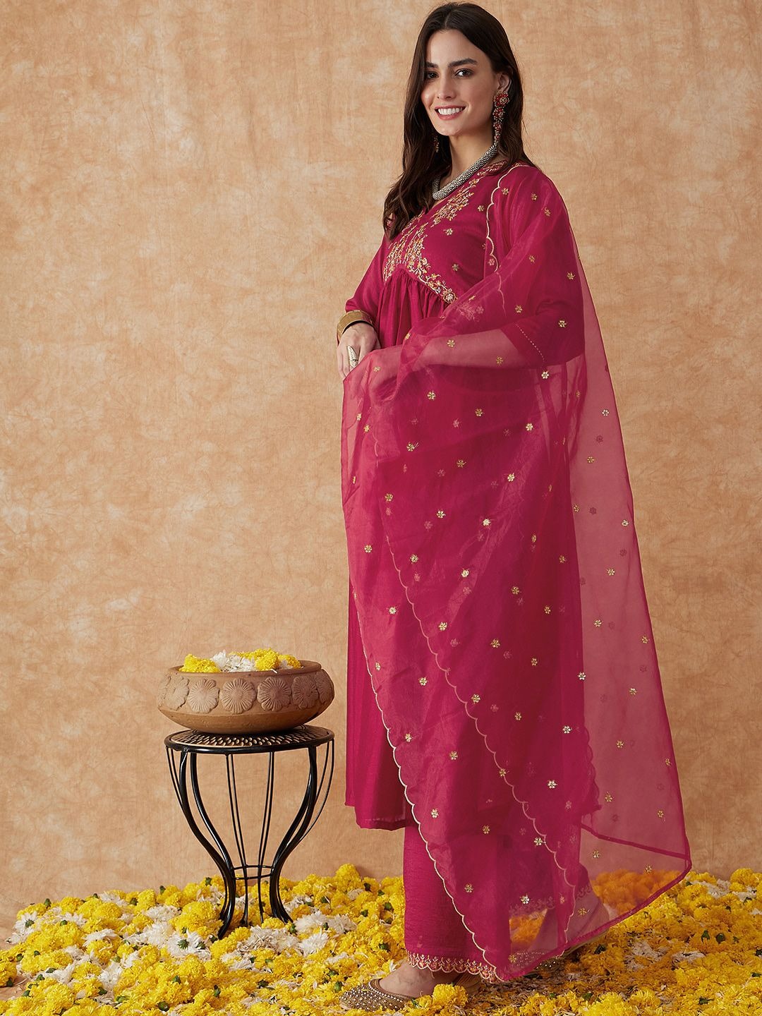 Sangria Embroidered Anarkali Kurta With Palazzo & Dupatta Set