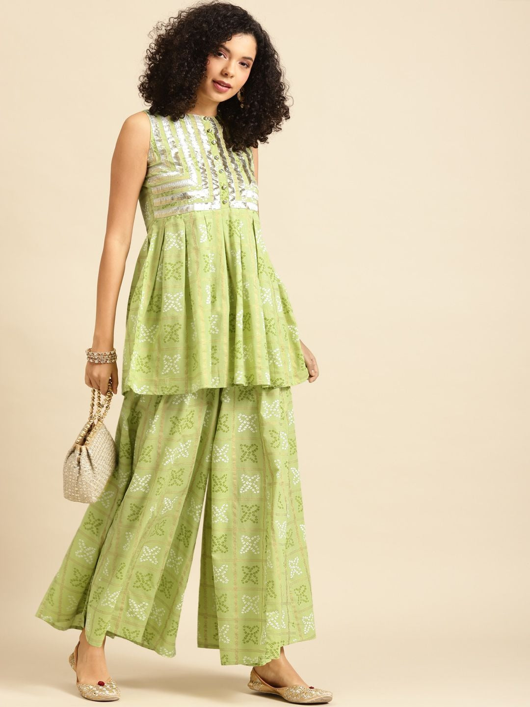Anayna Women Green & White Bandhani Printed Kurta with Palazzos