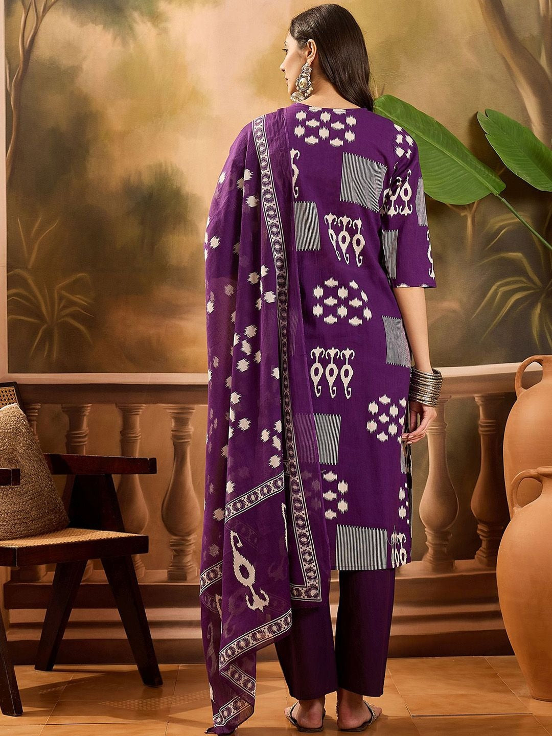 Sangria Geometric Printed V Neck Pure Cotton Straight Kurta With Trousers & Dupatta