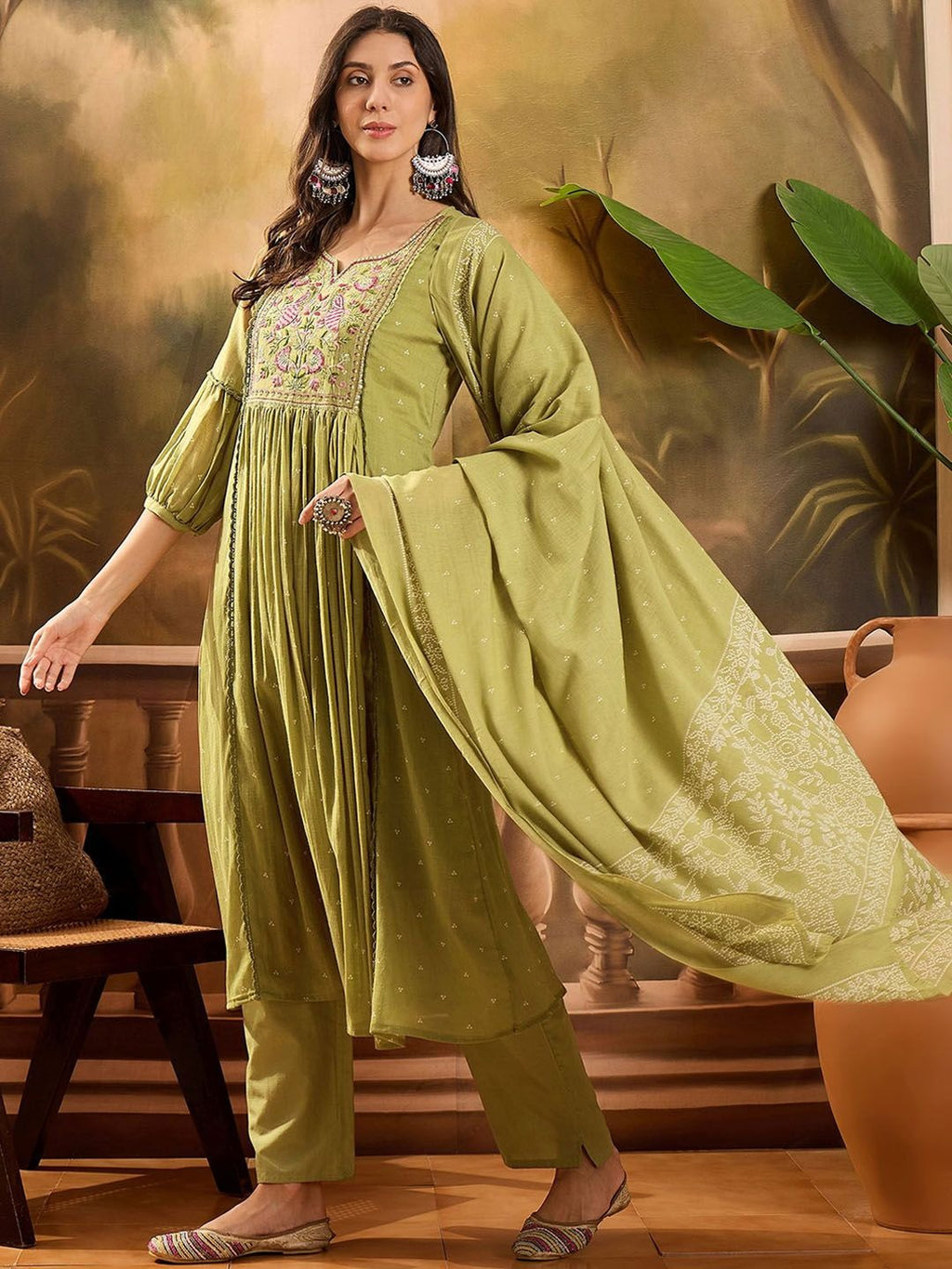 Sangria Women Ethnic Motifs Embroidered Cotton Kurta with Trousers & Dupatta