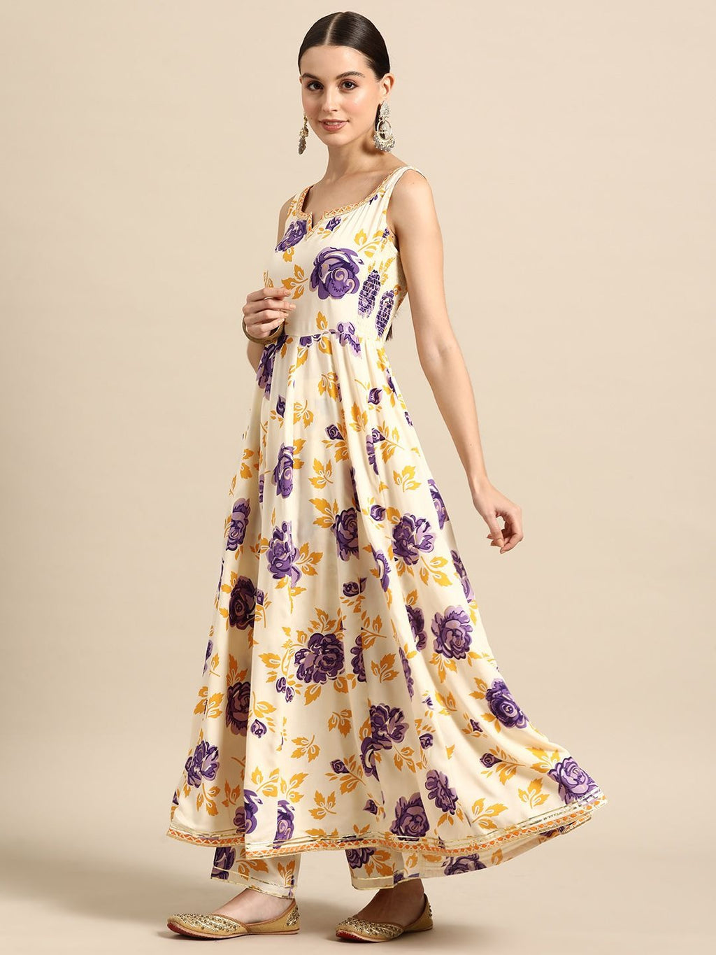 Anayna Women Floral Printed Pleated Gotta Patti Kurta with Trousers & With Dupatta