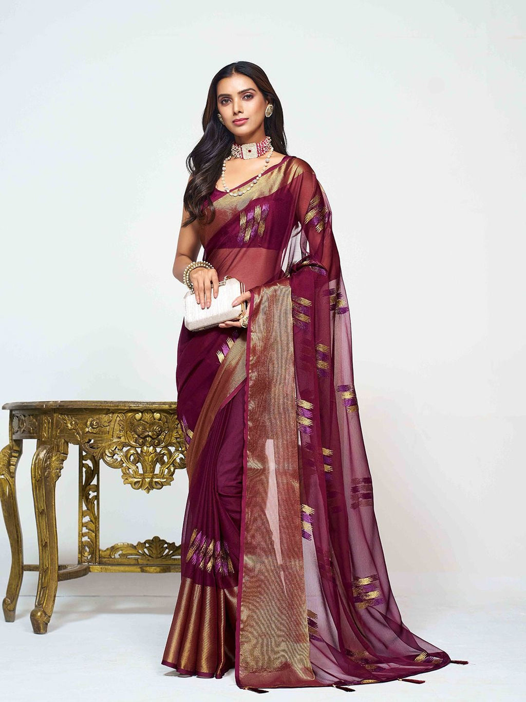 Sangria Woven Design Pure Chiffon Saree