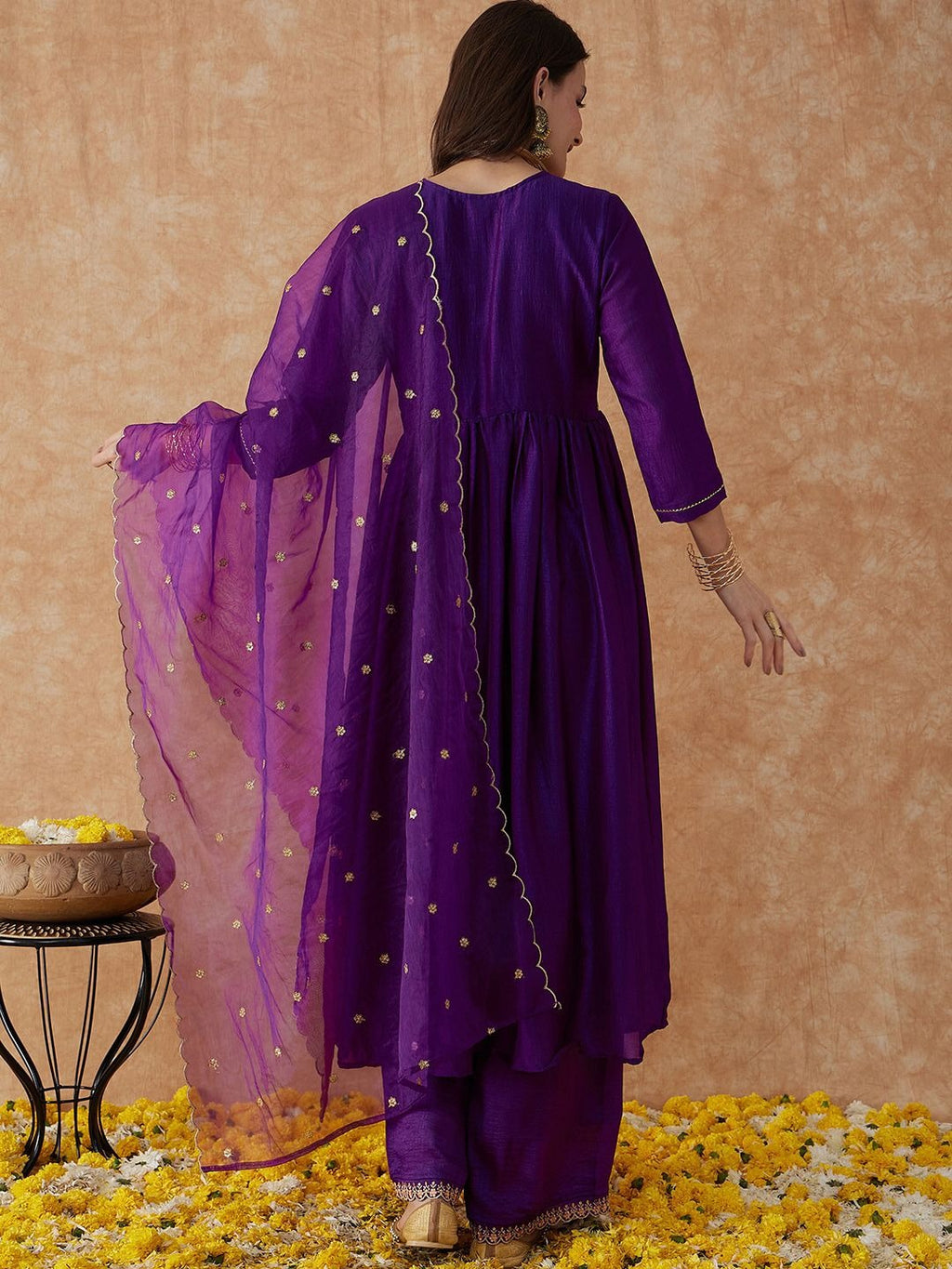 Sangria Alia Cut Ethnic Motifs Embroidered Anarkali Kurta With Palazzo & Dupatta Set