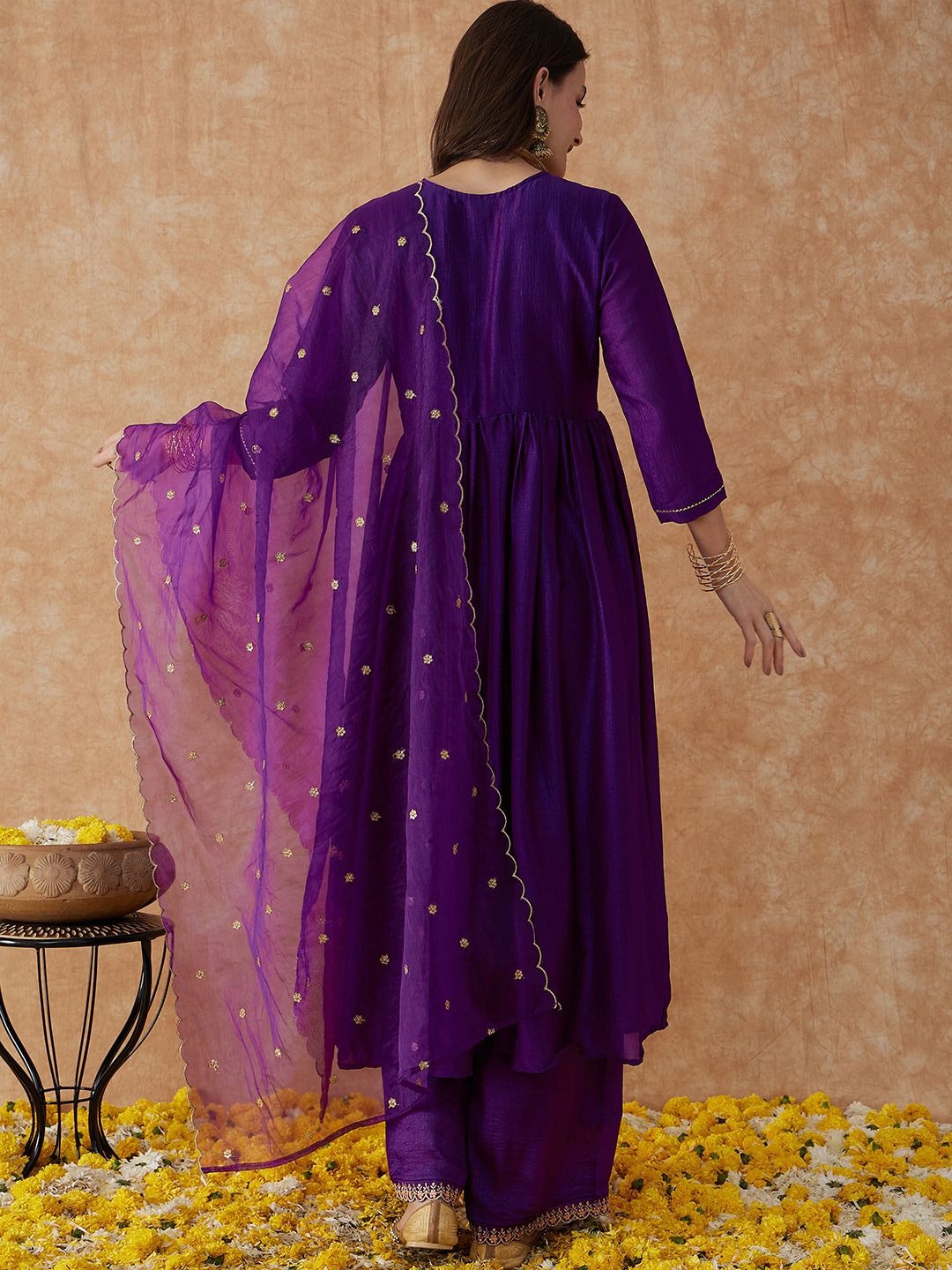 Sangria Alia Cut Ethnic Motifs Embroidered Anarkali Kurta With Palazzo & Dupatta Set