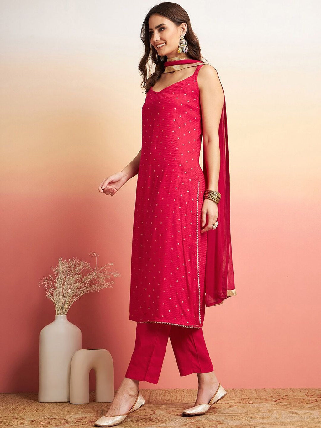 Sangria Embroidered Shoulder Straps Straight Kurta With Trousers & Dupatta