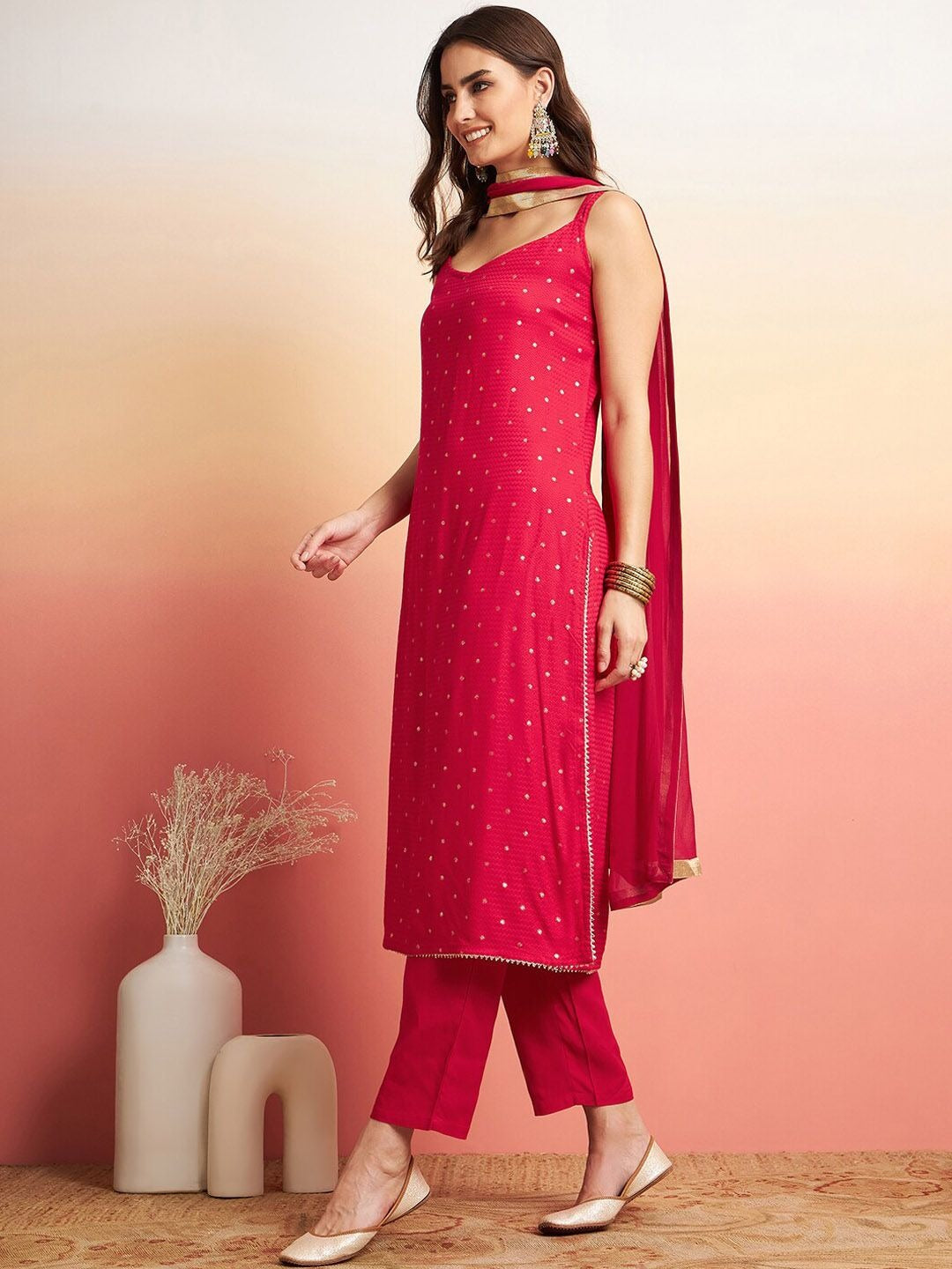Sangria Embroidered Shoulder Straps Straight Kurta With Trousers & Dupatta