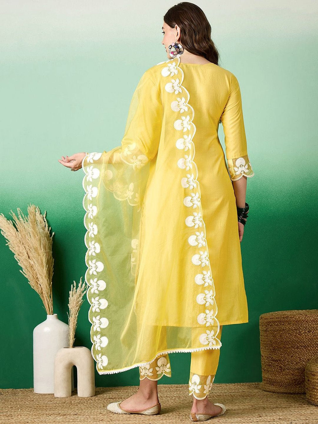 Sangria Embroidered Straight Kurta With Trouser & Dupatta