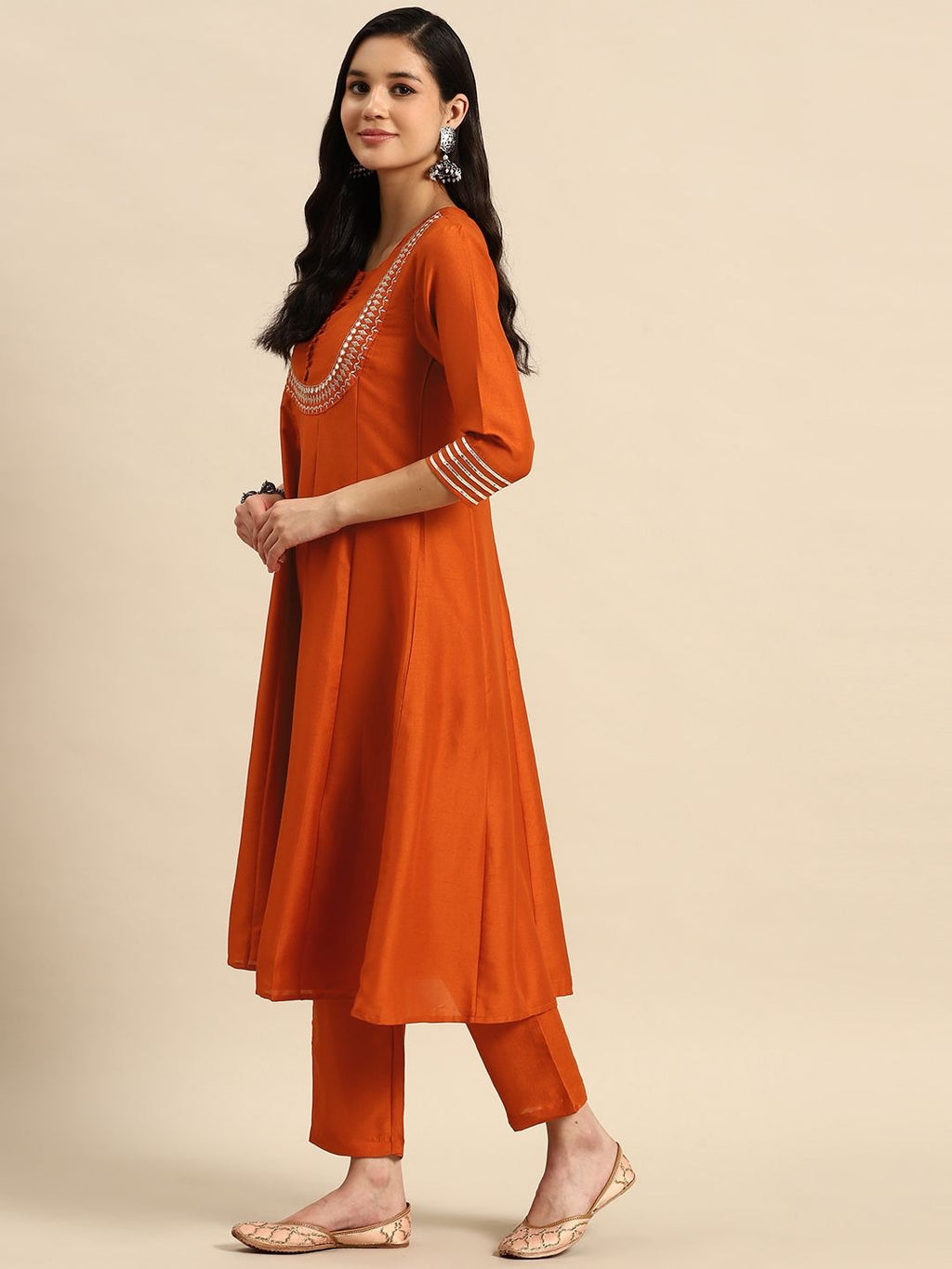 Sangria Ethnic Motifs Embroidered Mirror Work Silk Crepe Kurta with Trousers & Dupatta