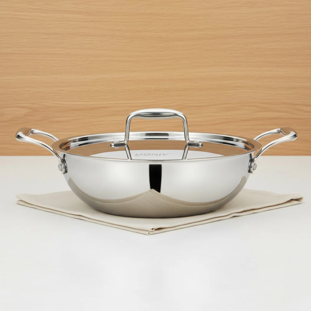 Vinod Doniv Titanium Triply Stainless Steel Kadhai with Steel Lid