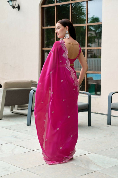 Vastranavya Pink Embroidery Work Shimmer Chiffon Saree with Unstitched Blouse