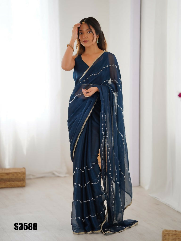 Petrol Sitara Chiffon Designer Beads Moti,Val Sequence Work Saree - Noorie