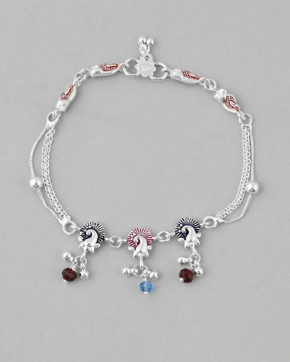 VOJ Set of 2 Silver Plated Peacock Shaped Multi Color Anklet