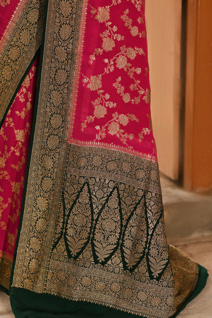 Joban Fashion Hot Pink Crepe Chiffon Pure Handloom Banarasi Silk Saree