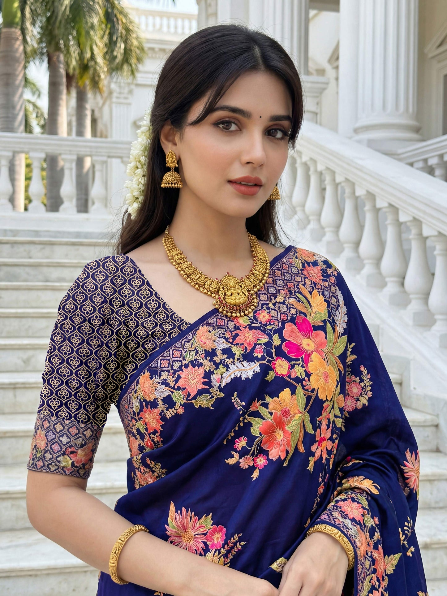 Aastha Fashion Royal Blue Premium Russian Silk Designer Floral Position Print Saree