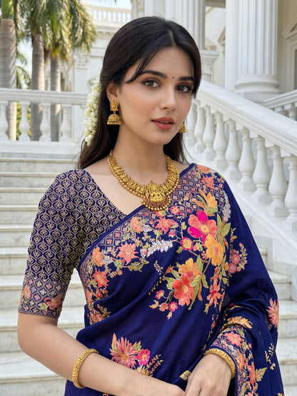 Aastha Fashion Royal Blue Premium Russian Silk Designer Floral Position Print Saree